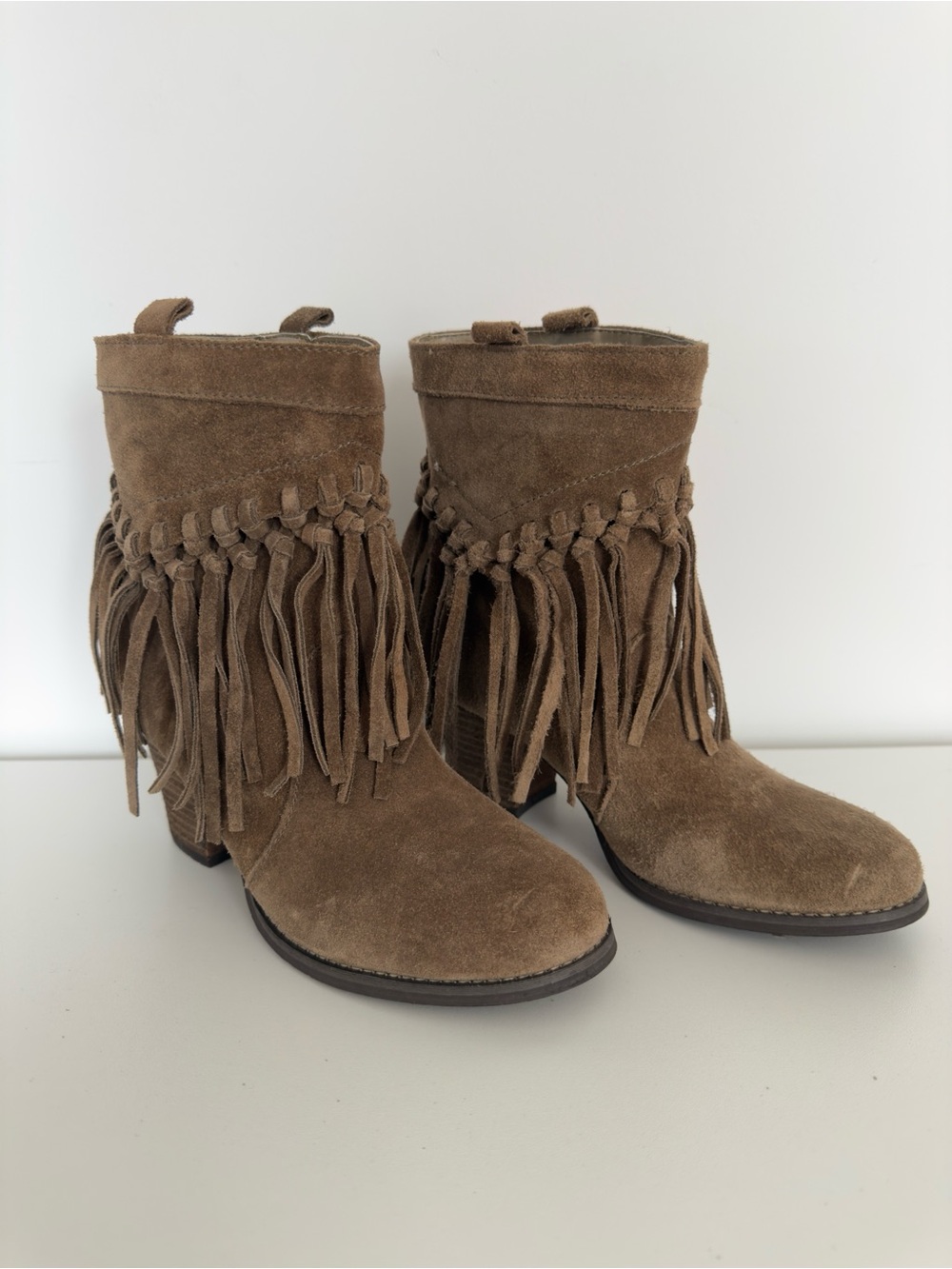 Sbicca Leather Suede Fringe Healed Ankle Boots